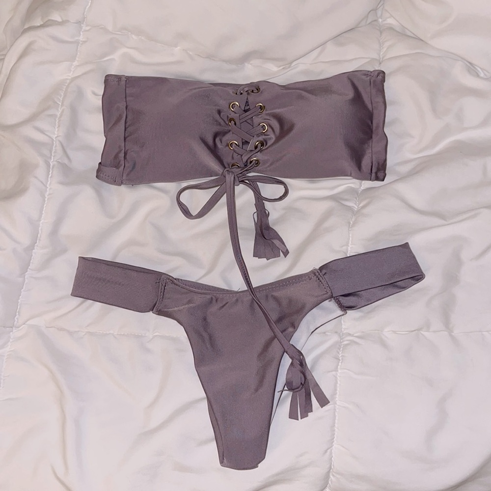 Purple Lace Up Bandeau Bikini and Thong Set - Size M